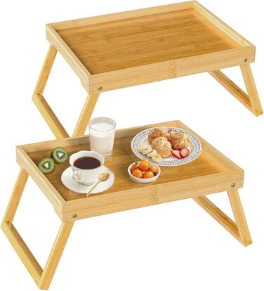 Набір столових тасочок з підніжками, бамбукові таці для їжі, сніданку в ліжку, сервірування, ноутбука, вечері в ліжку (2 шт.) (Білий, Бежевий)