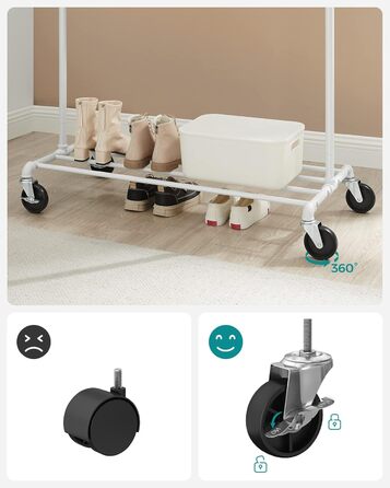 SONGMICS Clothes Rack, Garment Rod, with Wheels, Load Capacity up to 90 kg, Coat Rack with 1 Garment Rod and Shelf, Industrial Design, for Bedroom, Laundry Room, HSR61BK (White)