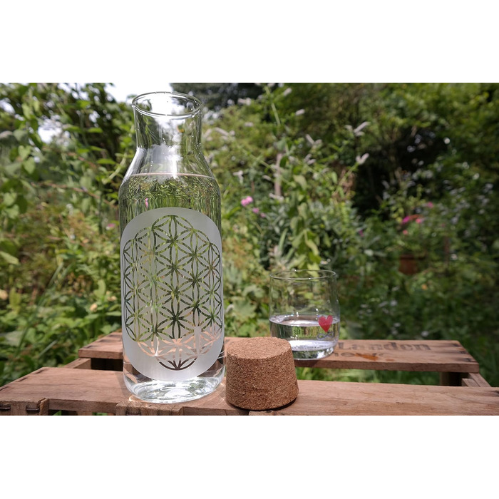 1.0L Carafe with the Flower of Life and cork stopper ~ FREIGLAS ~ Water jug, Flower of Life, engraving
