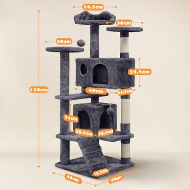 Дерево-стійка для котів Yaheetech 139 см, з 3 платформами, 3 стовпчиками для шліфування, 2 будиночками, м'ячиками, сірого кольору