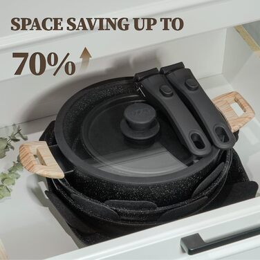 Набір посуду керамічний 23 предмети з антипригарним покриттям та знімними ручками, чорний. Підходить для всіх типів плит, включаючи індукційні. Сковороди 20/26 см, каструля 18 см, сотейник 24 см, жароміцний.