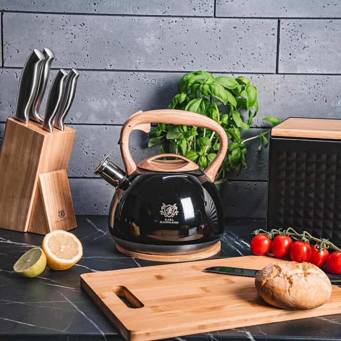 Чайник електричний KARL HAUSMANN Induktion 3L з автоматичним свистком - нержавіюча сталь, для індукційних, газових та електричних плит (Чорний)