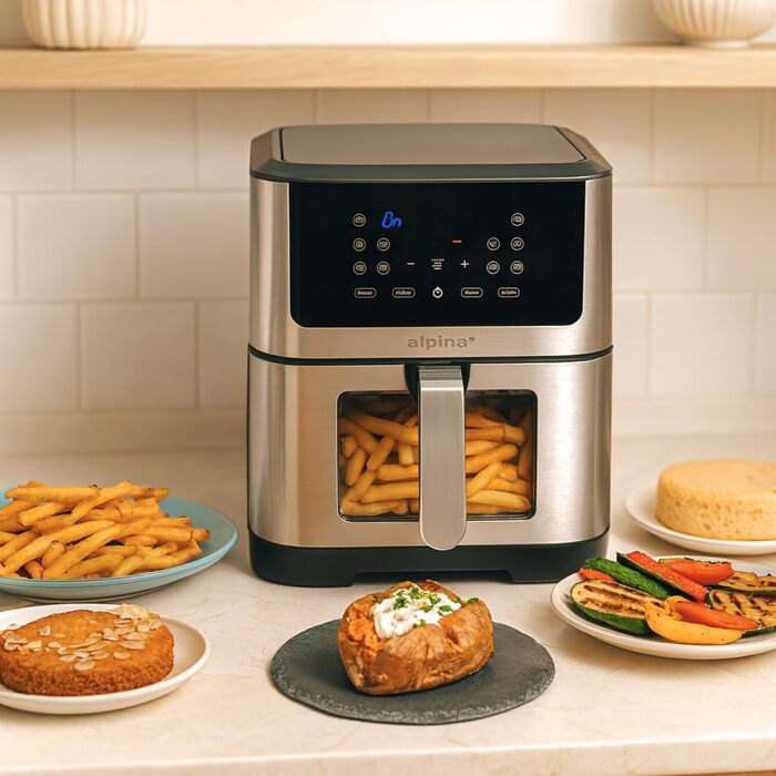Фритюрниця Alpina Heißluft XXL: Цифрова фритюрниця Air Fryer на 8 літрів, 1800W, для 4-6 осіб, з таймером до 2 годин, 80-200°C