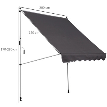Outsunny Розкривна тканина з регулюванням висоти 200x150 см сірого кольору з алюмінію для балкона та тераси