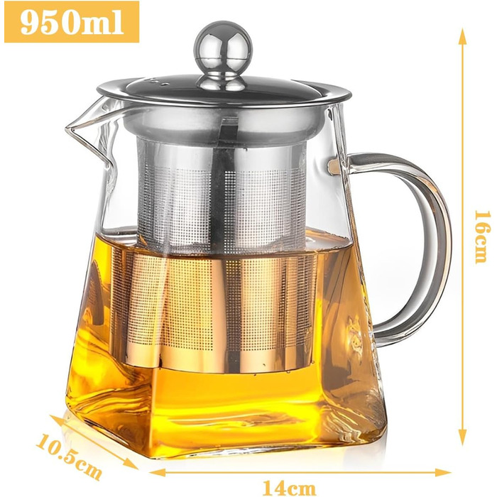 Скляний чайник LiRiQi з ситом із нержавіючої сталі, термостійкий заварник для чаю з кришкою, 950 мл, для зеленого, чорного та фруктового чаю