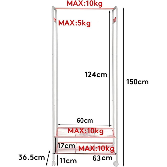 Unho Rolling Garment Rack, Metal Clothes Rack with 2 Shelves for Boxes, with Clothes Rod and Hooks, for Store Bedroom Dressing Room