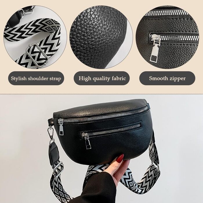 Жіноча сумка через плече з монетницею, шкіряна бананка, середнього розміру, з широким знімним ремінцем, поясна сумка для фестивалів, подорожей, повсякденного використання, біла (чорна)