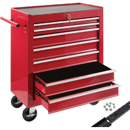Arebos 7-Drawer Tool Cart | Central Locking Tool Wagon with 2 Keys & Anti-Slip Mats | Ball Bearing Drawers | 2 Wheels with Brake | (Red)