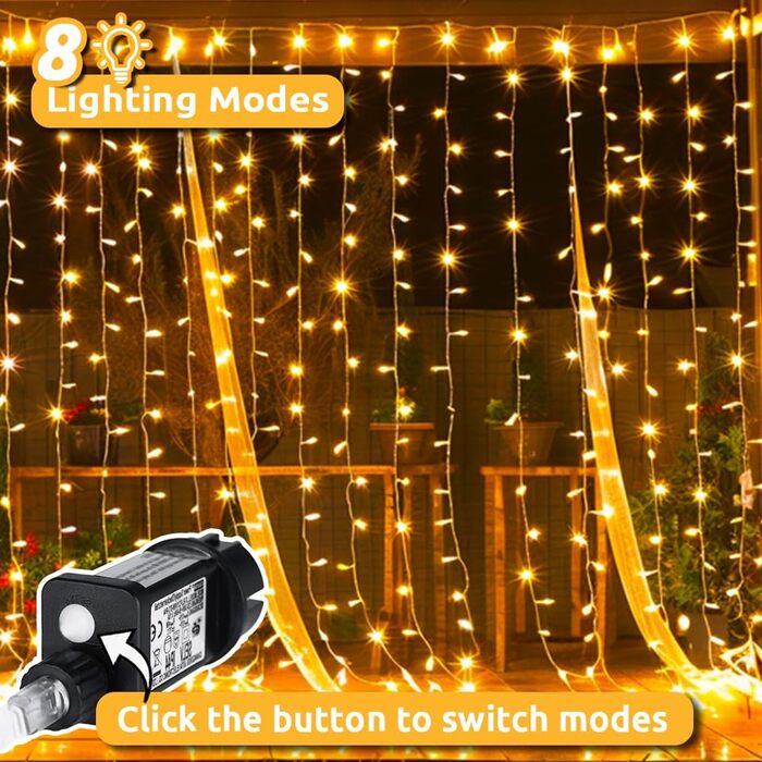 Лампочки-завіса 300 LED, 3x3м, різдвяне освітлення для вікна, з вилкою/таймером, 8 режимів, вологостійка, для декорування стін, вечірок, святкування. Колір: холодний білий, 1 шт.