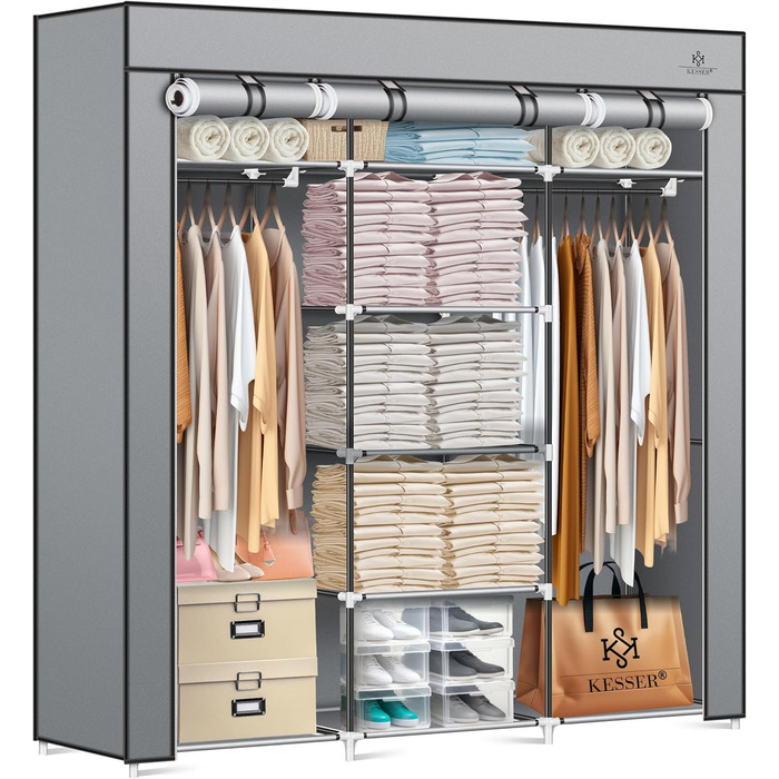 KESSER® Wardrobe Clothes Closet Stable with Clothes Rail & Shelves, Incl. 5x Clothes Hangers, Fabric Folding Closet for Bedroom, Dressing Room Wardrobe with Clothes Rack 150x45x175cm (Grey)