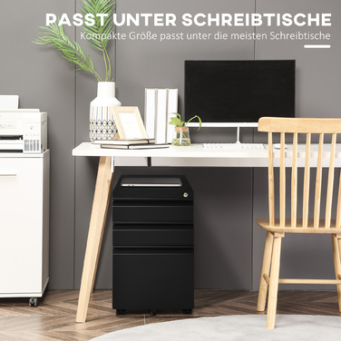 Vinsetto Rolling File Cabinet with 3 Drawers and Wheels, Concave Handle, Steel, Black for Office & Home Office