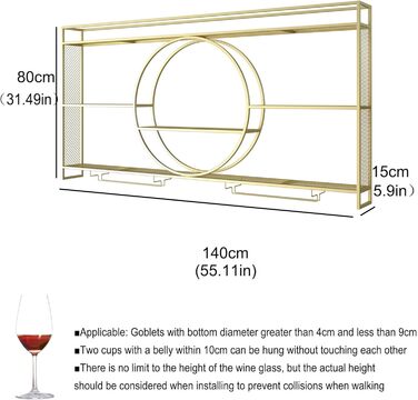 Настінна вітрина для вина з металу, 140 см, з утримувачем для келихів та LED-підсвічуванням, для бару, вітальні, кухні, чорний/золотий
