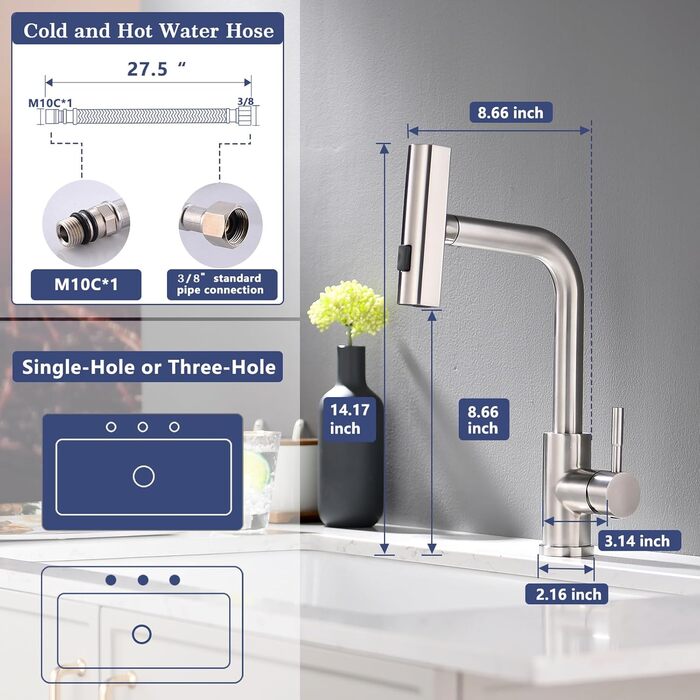 Висувна кухонна змішувач TIMACO з шлангом 360° з гнучким виливом, водопровідний кран для кухні, одноручний змішувач з водоспадом, шліфоване нікель