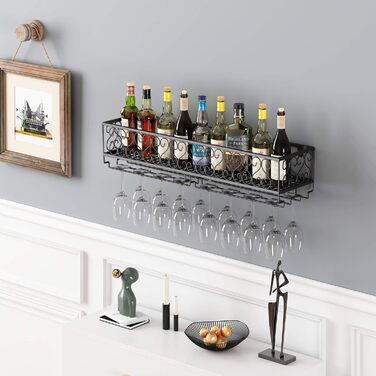 W-612 Metallic Black Wall-Mounted Wine & Champagne Glass Goblets Stemware Rack Holder, 80 x 20 cm Capacity up to 18 Bottles of Wine and 18 Glasses