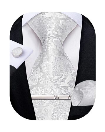 Краватка чоловіча шовкова з візерунком павліочиків та квітів DiBanGu, комплект з нагрудною хустиною, краваттями-манжетами та краваттями-зажимами для весілля та ділових зустрічей, білий
