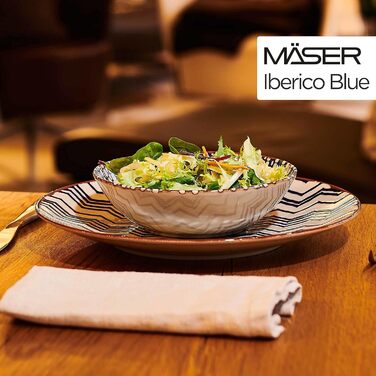 MÄSER 934017 Iberico Blue 12-piece tableware set for 4 people in Moorish style, plate set with various vintage patterns in white and blue, stoneware