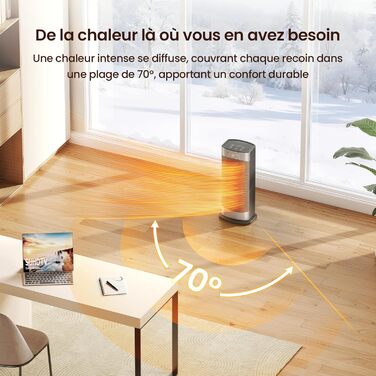 Електричний обігрівач з термостатом 1500W, 70°C, PTC кераміка, тихий, ECO-режим, таймер 24 год, захист від перегріву та перекидання, срібний, 41 см