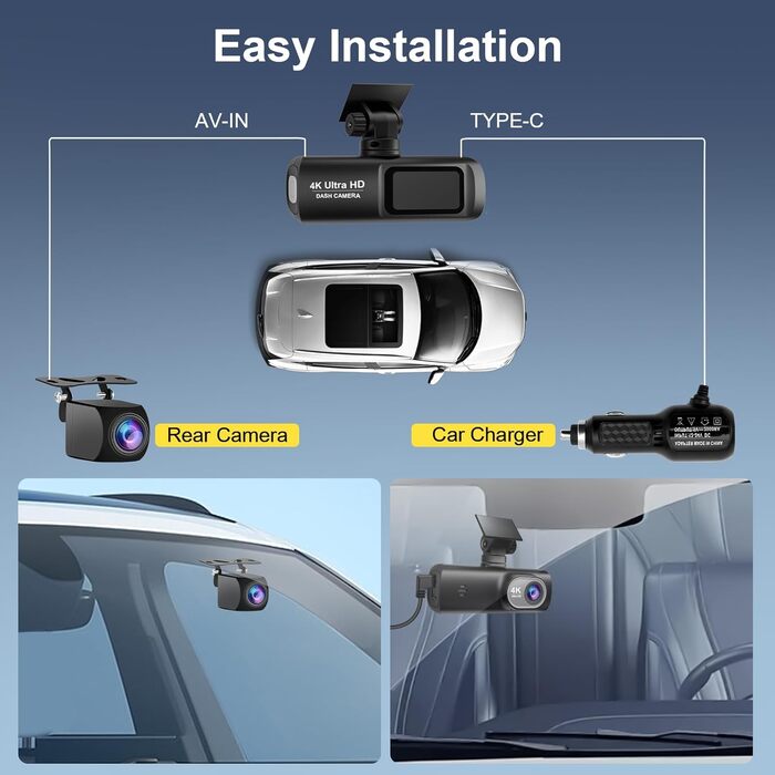 Відеореєстратор для авто 4K + 1080P з WiFi, нічною зйомкою та паркуванням, 64GB карта в комплекті
