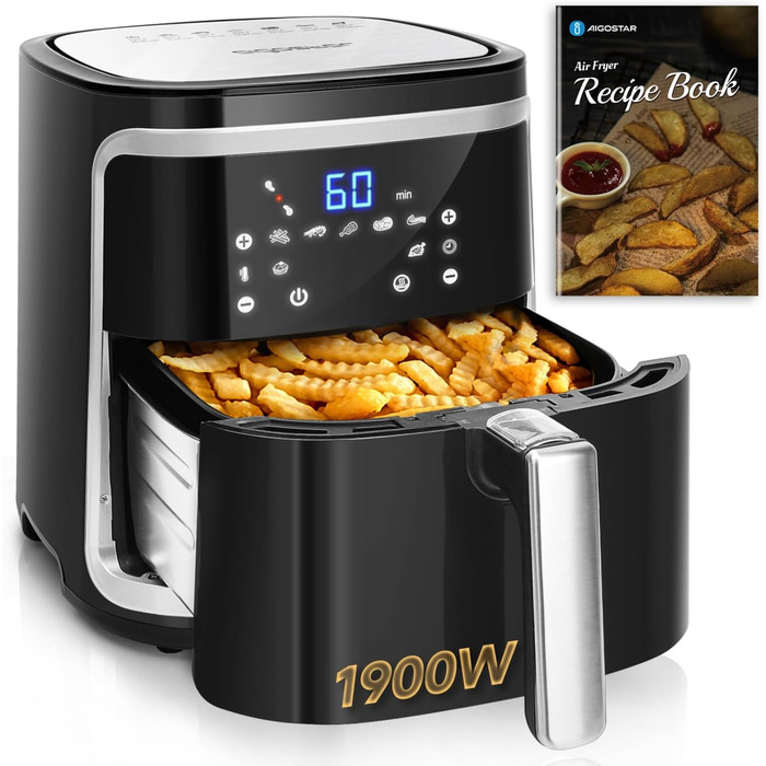 Aigostar Cube - 7L XXL Hot Air Fryer, 1900W Air Fryer, 7 Programs, Keep Warm, 20 Recipes, Oil-Free, for 6-10 People, Air Fryer with Digital LED Touchscreen, Black