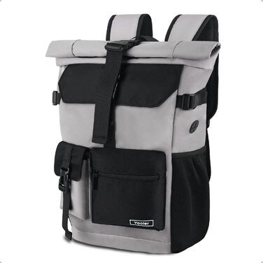 Roll-top Backpack Waterproof, 27L Large Backpack Men Women, School Backpack with 17.3 inch Laptop Compartment, Travel Backpack Hiking Backpack for Business Work University Travel Leisure (Gray)