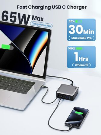 Мережевий адаптер USB-C на 6 портів 200W з GaN III Tech, PD+QC, з 4 USB-C та 2 USB-A, для ноутбуків та мобільних пристроїв (MacBook, iPad, iPhone, Samsung)