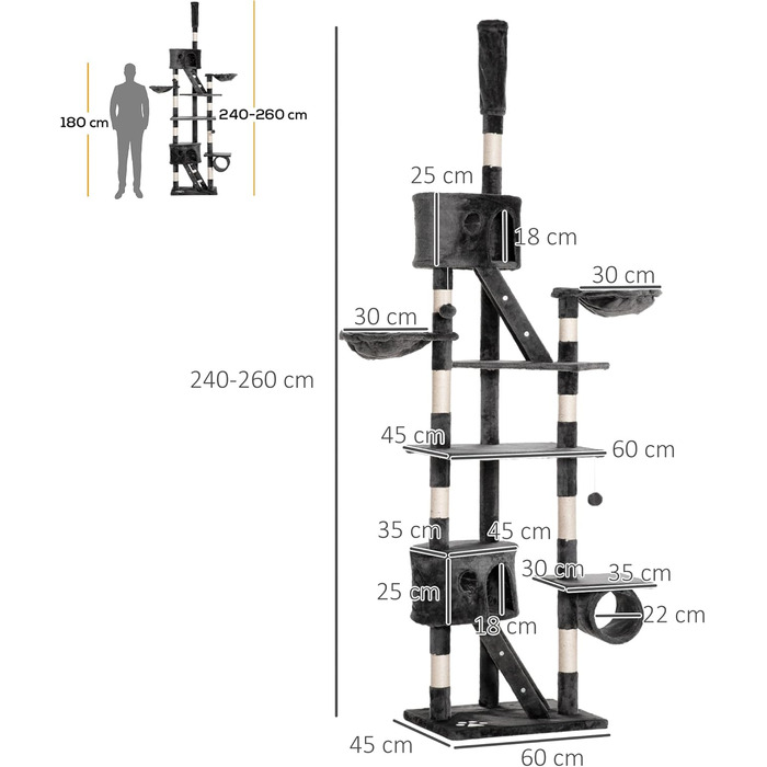 PawHut Декількаторівневий котячий комплекс з дзеркалом, гамаком, когтеточками, платформами, 240-260 см, сірий