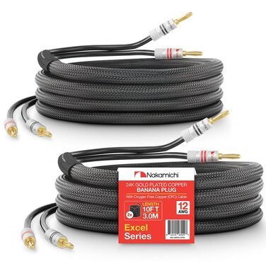 Акустичний кабель Nakamichi 12AWG з банановими роз'ємами 24K золото, безкиснева мідь OFC, обплетення, 3.0м, чорний (комплект 2 шт)