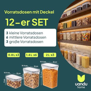Набір контейнерів для зберігання продуктів Uandu (12 шт.) герметичні, BPA-free, для кухні - для цукру, борошна, круп, з етикетками та маркером, чорний