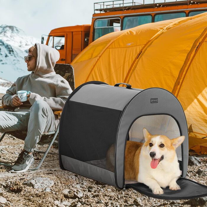 Складана переноска для собак та котів Petsfit сірого кольору S, з м'яким килимком та анти-відкривальною блискавкою