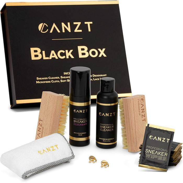 Canzt Sneaker Cleaning Set Black Box Premium Shoe Care Set for Suede, Nubuck, Leather & Canvas – Incl. Sneaker Cleaner, Cloth, Shoe Brushes, Sneaker Wipes & Deo