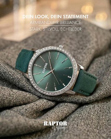 Жіночий наручний годинник Raptor elegant з блискітками, сріблястий корпус та чорний шкіряний ремінець