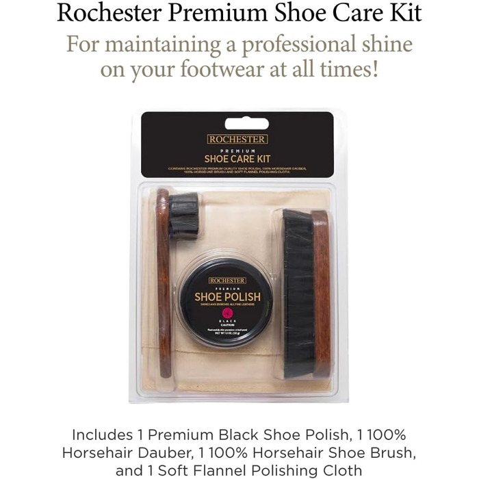 ROCHESTER Premium Shoe Care Set, Leather Shoe Care Kit with Black Shoe Cream, 100% Horsehair Dauber, 100% Horsehair Shoe Brush, and Soft Flannel Polishing Cloth, Shoe Accessories, Natural