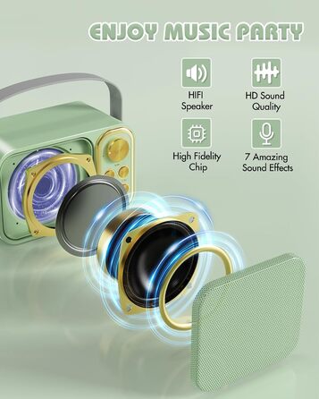 Караоке машина з 2 мікрофонами, портативна Bluetooth колонка для дітей та дорослих, 7 голосових ефектів, ідеально для вечірок та свят (зелена)