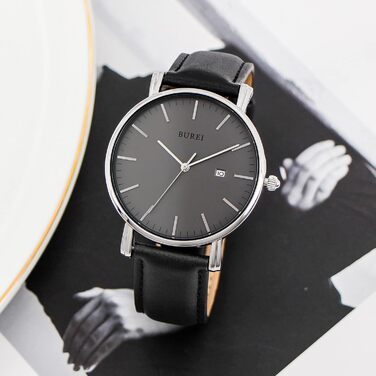 Годинник чоловічий BUREI Ultra Slim аналоговий з датою, кварцовий механізм Japan, шкіряний ремінець, чорний та сріблястий, подарунок для чоловіків