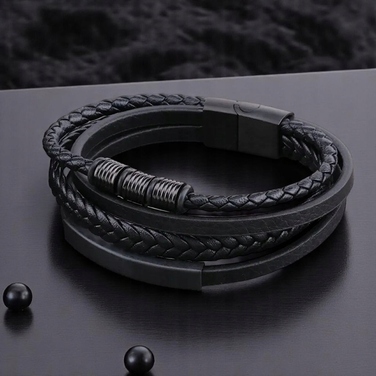 Чоловічий шкіряний браслет Lecerto, чорний, регульований (22 см) з гравіюванням