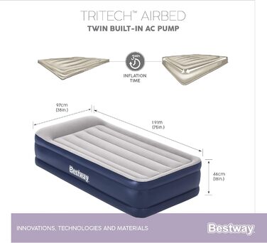 Надувне ліжко Bestway Tritech™ Vento, 191 x 97 x 46 см, односпальне, з вбудованим електронасосом