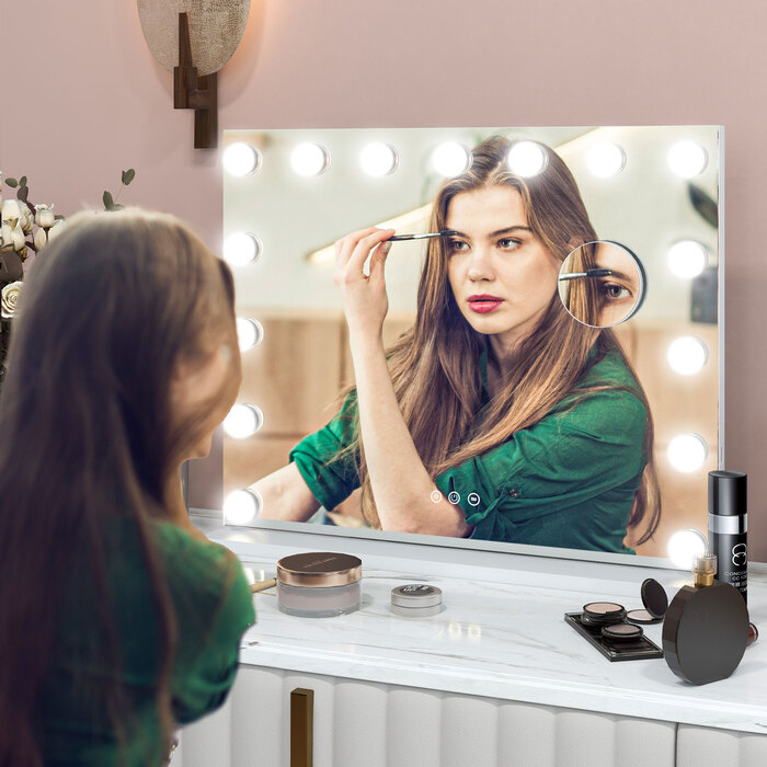 Дзеркало HOMCOM Голлівуд з підсвіткою 58x48 см, 15 LED, 3 режими освітлення, 10x збільшення, портативне, сенсорний вимикач, USB-порт для зарядки, білий