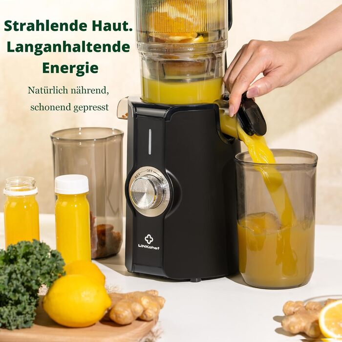 Шнекова соковижималка LINKChef Slow Juicer для овочів та фруктів, широкий завантажувальний отвір 115 мм, потужність 200 Вт, BPA-free, чорна
