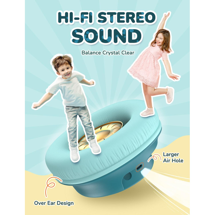 iClever Bluetooth навушники для дітей з LED-підсвіткою, обмеження гучності 74/85dBA, 43 години роботи, стерео звук, Type-C, AUX-кабель, Bluetooth 5.3, для планшетів/подорожей (Турквіс)