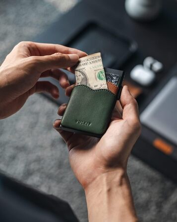 VULKIT Слім гаманець-картхолдер з RFID захистом, шкіряні слоти, металевий кейс, зелений