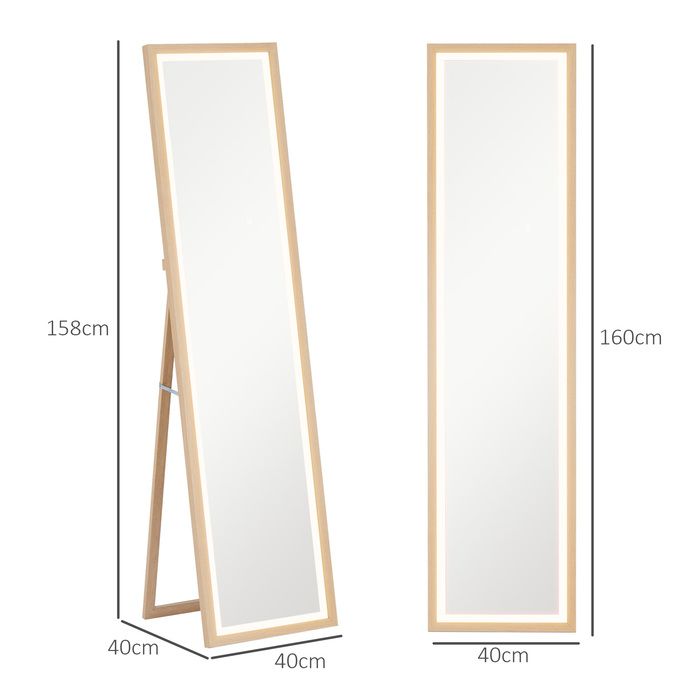 Дзеркало повного зросту HOMCOM 40 x 160 см, напольна підставка з LED-підсвіткою, 3 кольори світла, дзеркало з сенсорним керуванням, підлогове дзеркало для спальні, вітальні, дуб | Aosom