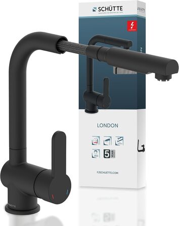 Кухонний змішувач SCHÜTTE LONDON з висувною лійкою, поворотний на 360 градусів, однорідний, чорний, 29,8 см (низький тиск)