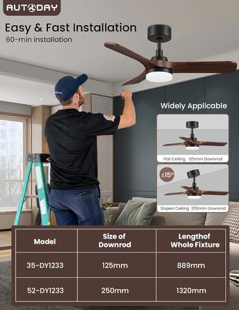 Дерев'яний стельовий вентилятор з підсвіткою, тихий DC-двигун, 90 см, для вулиці, 3 лопаті, диммування LED 24W, пульт з пам'яттю, 6 швидкостей, таймер, текстурована деревина