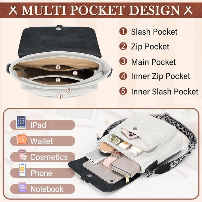 Сумка жіноча RAINSMORE середнього розміру через плече, шкірзам PU, чорно-біла з широким ременем