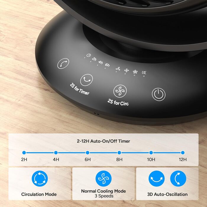 Вентилятор DR.PREPARE настільний, 25 dB, тихий, ефективне охолодження, 3 швидкості, таймер 2-12 годин, осциляція 90°, 10 дюймів