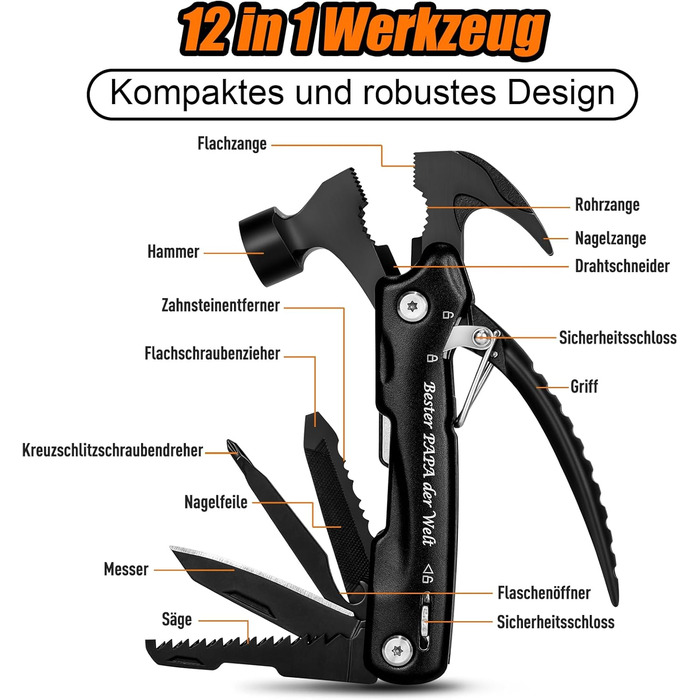 Мультитул BIIB 12 в 1: Подарунок для чоловіків на Різдво, День батька, День народження. Мультиінструмент для кемпінгу, гаджети для адвент-календаря. Преміум якість, чорний колір.