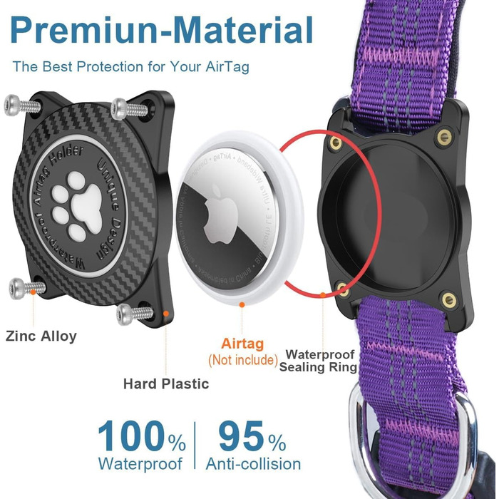 Світловідбиваючий нашийник для Apple AirTag для собак, регульований, водонепроникний, для малих, середніх та великих собак, L (32-43.5 см), фіолетовий