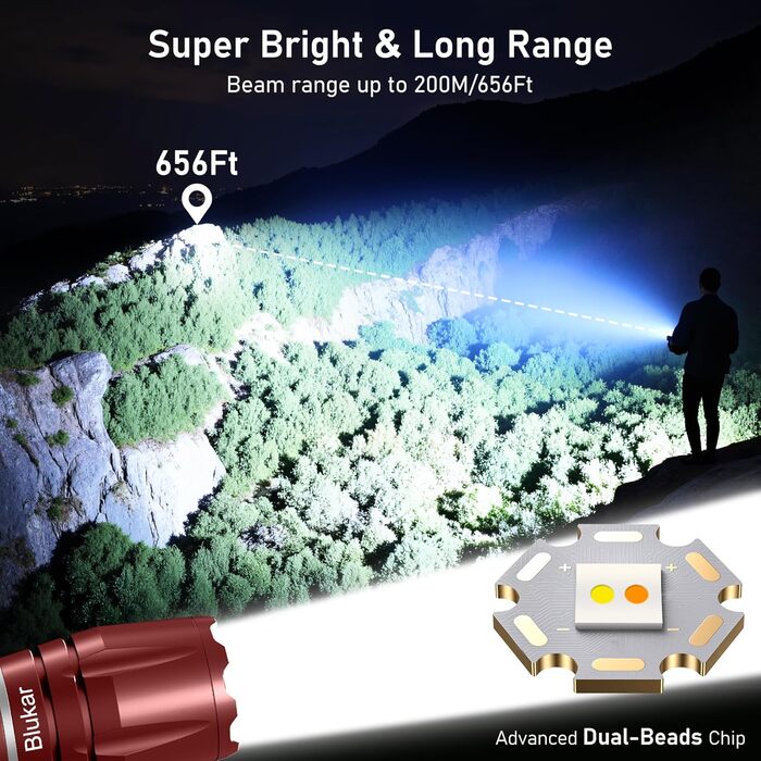 LED ліхтарик Blukar з регулюванням температури світла, 10 режимів, зум, водонепроникний, для кемпінгу та активного відпочинку (каштанового кольору)