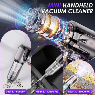 Бездротовий ручний пилосос Unipampa 16000PA, 100W, 6000mAh, для дому, авто, офісу, видалення шерсті тварин (сірий)