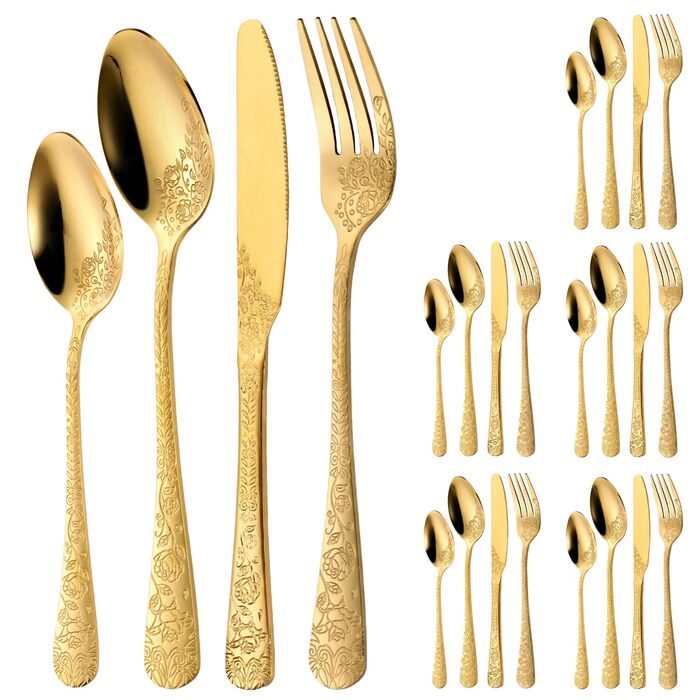 Набір столових приборів 24 предмети для 6 осіб з гравіюванням троянд, нержавіюча сталь, золотий колір - ножі, виделки, ложки, поліровані, для посудомийної машини, святковий